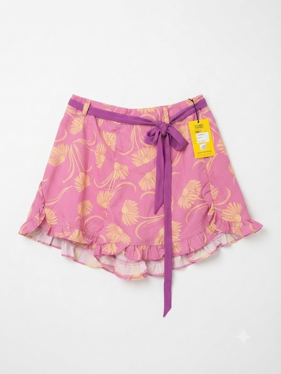 Unique Vintage Pants - Unique Vintage Pink Floral High-Waist Ruffle Wrap Shorts with Purple Tie
